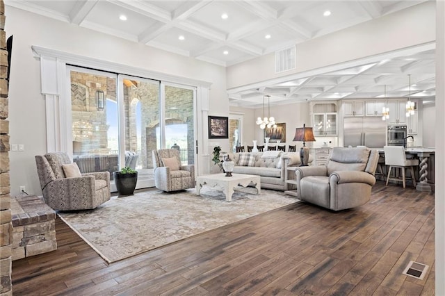 18405 371st Hwy, Platte City, MO 64079 - living area featuring coffered ceiling, dark wood-style flooring, a chandelier, recessed lighting, and beam ceiling