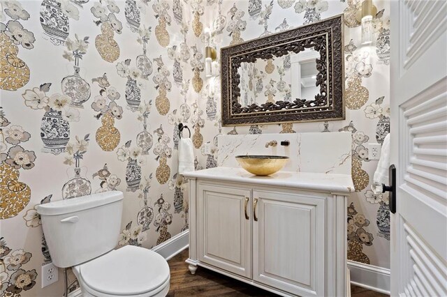 18405 371st Hwy, Platte City, MO 64079 - bathroom with wallpapered walls, vanity, and wood finished floors