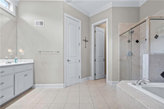 4204 SW Duck Pond Dr, Lees Summit, MO 64082 - bathroom with vanity, a stall shower, a garden tub, tile patterned floors, and ornamental molding