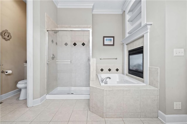 4204 SW Duck Pond Dr, Lees Summit, MO 64082 - bathroom with a bath, tile patterned flooring, a stall shower, and crown molding