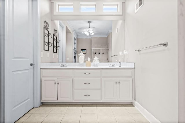 4204 SW Duck Pond Dr, Lees Summit, MO 64082 - full bath featuring double vanity, ornamental molding, a ceiling fan, tile patterned flooring, and a shower