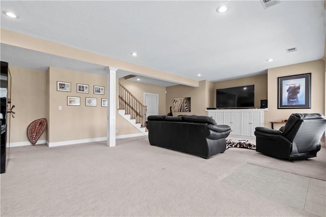 4204 SW Duck Pond Dr, Lees Summit, MO 64082 - living room with light colored carpet, stairs, recessed lighting, and decorative columns