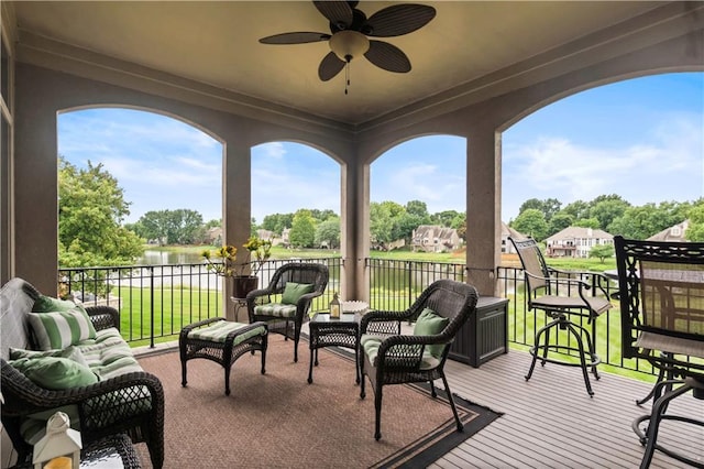 4204 SW Duck Pond Dr, Lees Summit, MO 64082 - view of patio featuring outdoor lounge area, a water view, and ceiling fan