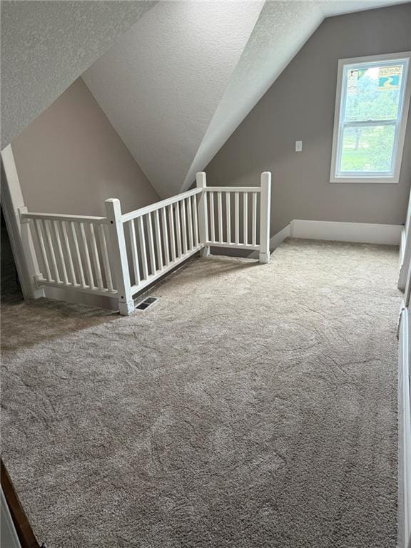 915 Des Moines St, Burlington, KS 66839 - additional living space with vaulted ceiling, carpet, and a textured ceiling