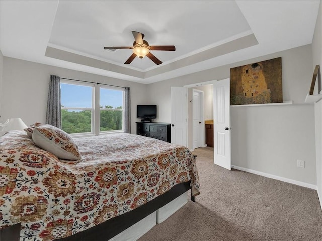 21818 W 123rd Ter, Olathe, KS 66061 - bedroom featuring a raised ceiling, light carpet, and ceiling fan