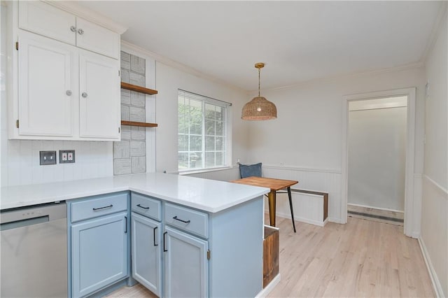 7824 Terrace St, Kansas City, MO 64114 - kitchen featuring dishwasher, open shelves, a peninsula, light wood finished floors, and light countertops