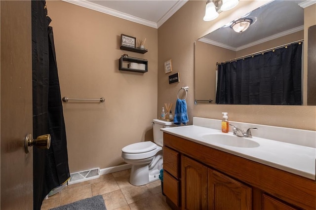 2905 Ajax Rd, Saint Joseph, MO 64503 - bathroom with vanity, crown molding, tile patterned flooring, and a shower with curtain