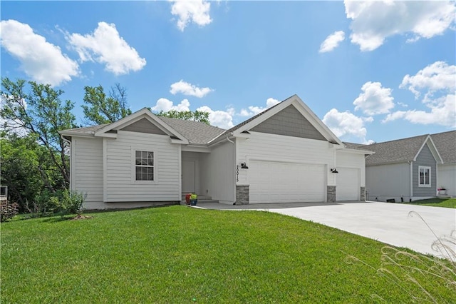 20015 W 221st St, Spring Hill, KS 66083 - ranch-style house featuring an attached garage, driveway, a front lawn, and stone siding