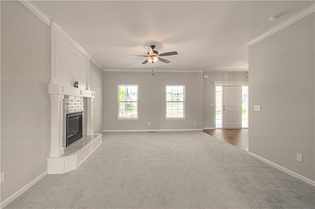 6110 NE 118th St, Kansas City, MO 64156 - unfurnished living room featuring a ceiling fan, carpet, ornamental molding, and a fireplace