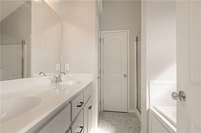 6110 NE 118th St, Kansas City, MO 64156 - bathroom featuring double vanity, a bath, and an enclosed shower
