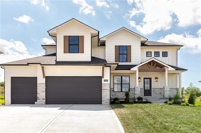 18505 Mohawk Ln, Overland Park, KS 66085 - modern farmhouse with concrete driveway, board and batten siding, a front yard, and roof with shingles