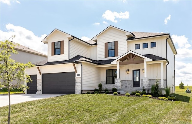 18505 Mohawk Ln, Overland Park, KS 66085 - modern farmhouse style home with a garage, driveway, a front lawn, board and batten siding, and stone siding