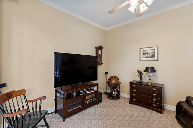 5716 W 146th St, Overland Park, KS 66223 - living room featuring ornamental molding, a ceiling fan, and light colored carpet