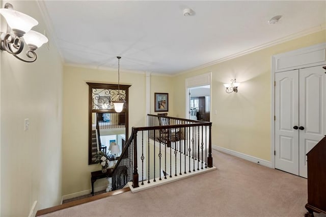 5716 W 146th St, Overland Park, KS 66223 - hall featuring an upstairs landing, ornamental molding, carpet floors, and healthy amount of natural light