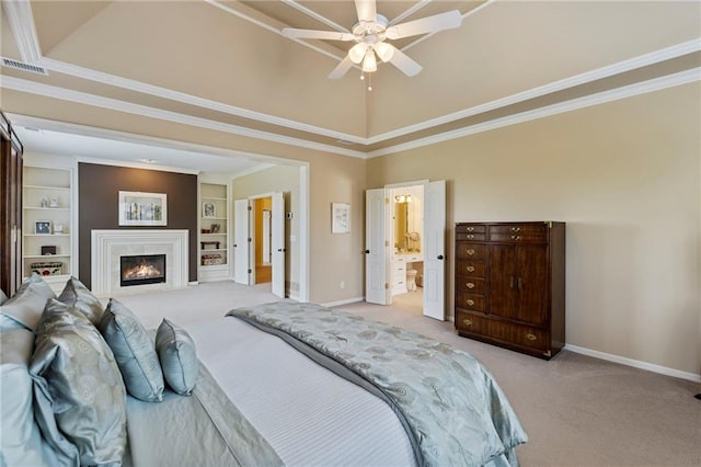 5716 W 146th St, Overland Park, KS 66223 - bedroom featuring carpet flooring, crown molding, a lit fireplace, and ceiling fan