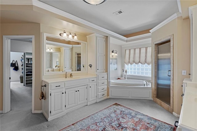 5716 W 146th St, Overland Park, KS 66223 - full bathroom with vanity, a garden tub, a shower stall, and crown molding