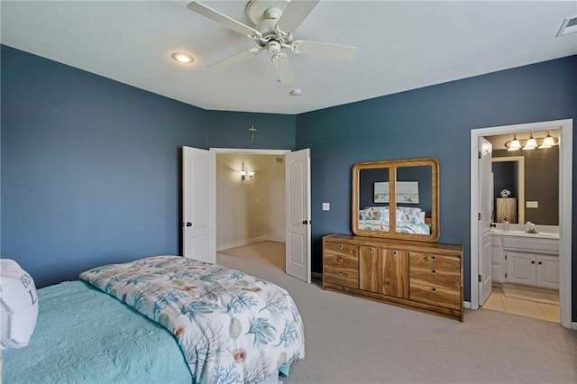 5716 W 146th St, Overland Park, KS 66223 - bedroom featuring light colored carpet, recessed lighting, ceiling fan, and ensuite bathroom