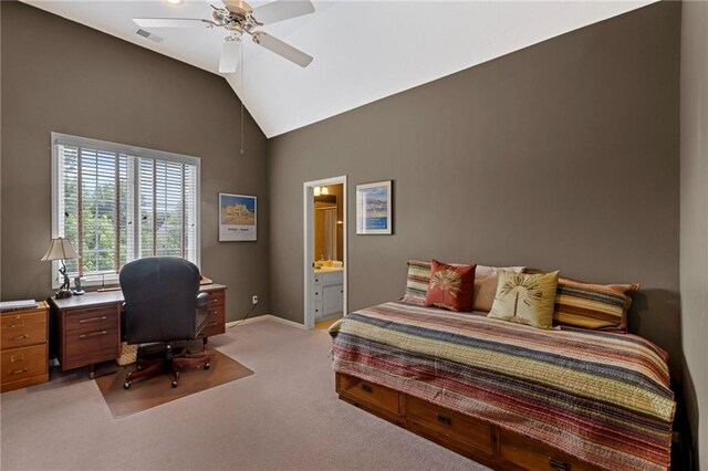 5716 W 146th St, Overland Park, KS 66223 - bedroom with light carpet, lofted ceiling, an office area, ensuite bathroom, and a ceiling fan
