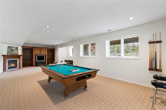 5716 W 146th St, Overland Park, KS 66223 - recreation room with light colored carpet, pool table, recessed lighting, and a tiled fireplace