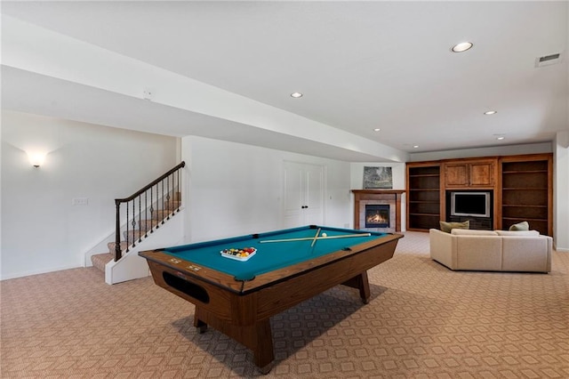 5716 W 146th St, Overland Park, KS 66223 - rec room featuring light colored carpet, billiards, a tile fireplace, and recessed lighting