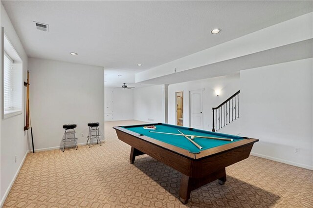 5716 W 146th St, Overland Park, KS 66223 - game room with a ceiling fan, recessed lighting, billiards, and light colored carpet