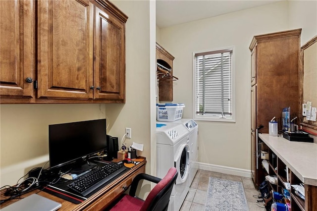 5716 W 146th St, Overland Park, KS 66223 - laundry area with independent washer and dryer, cabinet space, an office area, and light tile patterned floors