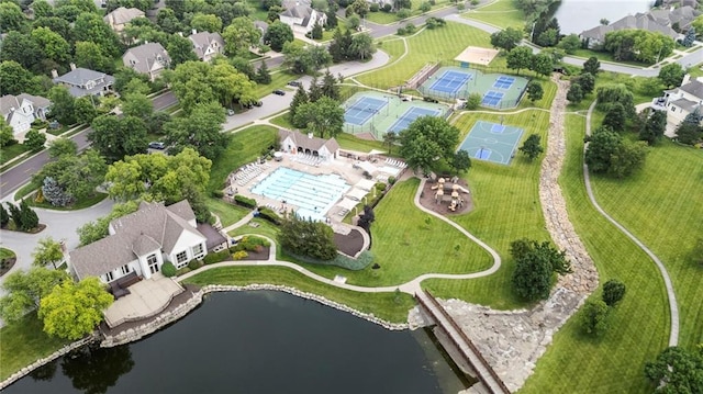 5716 W 146th St, Overland Park, KS 66223 - aerial overview of property's location featuring a nearby body of water and a pool area