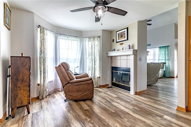 198 SE 455th Rd, Warrensburg, MO 64093 - sitting room with ceiling fan, wood finished floors, and a tiled fireplace