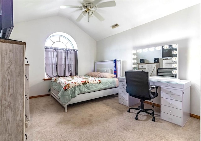 198 SE 455th Rd, Warrensburg, MO 64093 - bedroom with light carpet, vaulted ceiling, a ceiling fan, and a desk