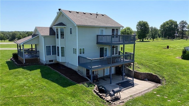 198 SE 455th Rd, Warrensburg, MO 64093 - back of house featuring a patio area, a lawn, a shingled roof, a deck, and a balcony