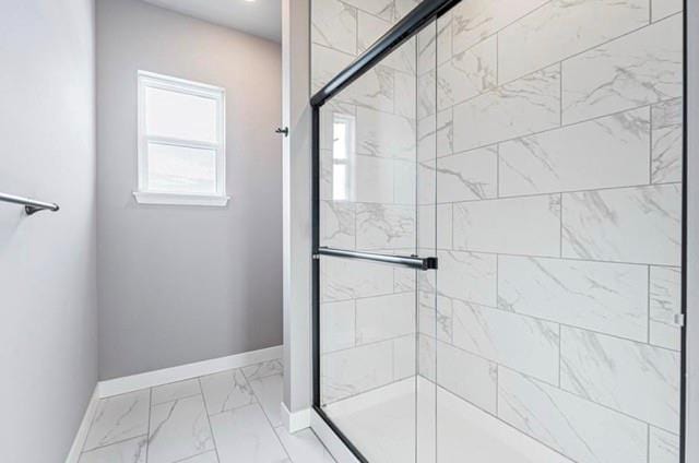 12508 S Parkwood Ln, Lees Summit, MO 64086 - bathroom featuring a shower stall and marble finish floors