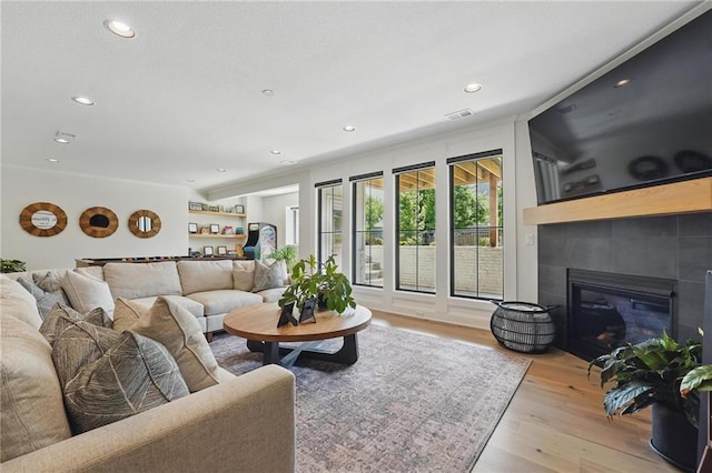 17316 Noland St, Overland Park, KS 66221 - living room featuring light wood-style floors, recessed lighting, and a fireplace
