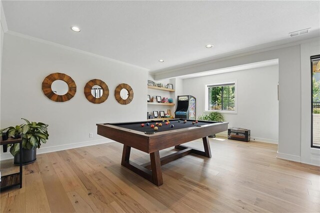 17316 Noland St, Overland Park, KS 66221 - playroom with billiards table, light wood-style flooring, ornamental molding, and recessed lighting