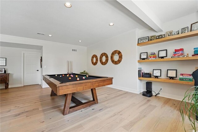 17316 Noland St, Overland Park, KS 66221 - rec room featuring billiards, light wood-type flooring, recessed lighting, crown molding, and beam ceiling