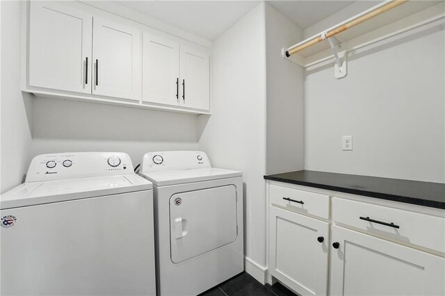 17316 Noland St, Overland Park, KS 66221 - washroom featuring independent washer and dryer, cabinet space, and dark tile patterned floors