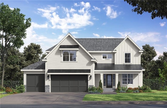 12400 W 184th St, Overland Park, KS 66013 - modern inspired farmhouse with concrete driveway, board and batten siding, a standing seam roof, a shingled roof, and a front yard