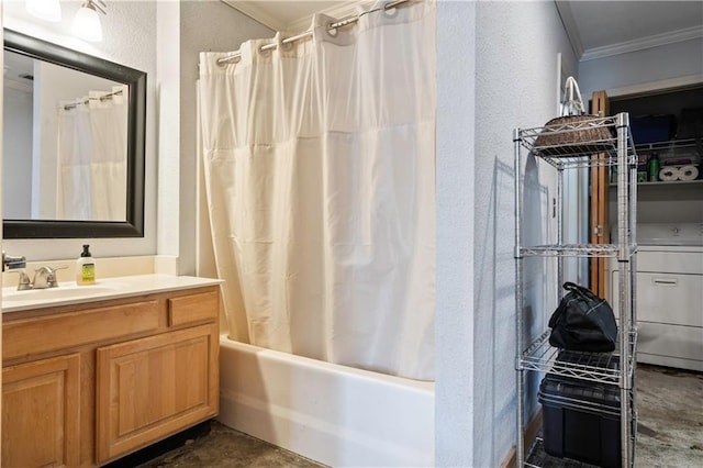 321 W 7th St Unit 501, Kansas City, MO 64105 - full bathroom with crown molding, vanity, shower / bath combo with shower curtain, and a textured wall