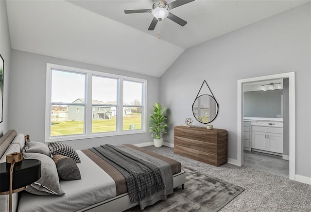19787 W 114th Pl, Olathe, KS 66061 - carpeted bedroom featuring vaulted ceiling, ensuite bath, and ceiling fan