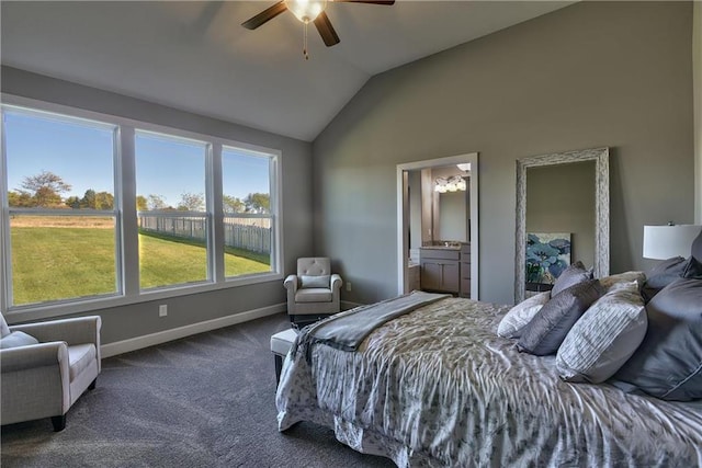 19787 W 114th Pl, Olathe, KS 66061 - carpeted bedroom featuring lofted ceiling, connected bathroom, and a ceiling fan