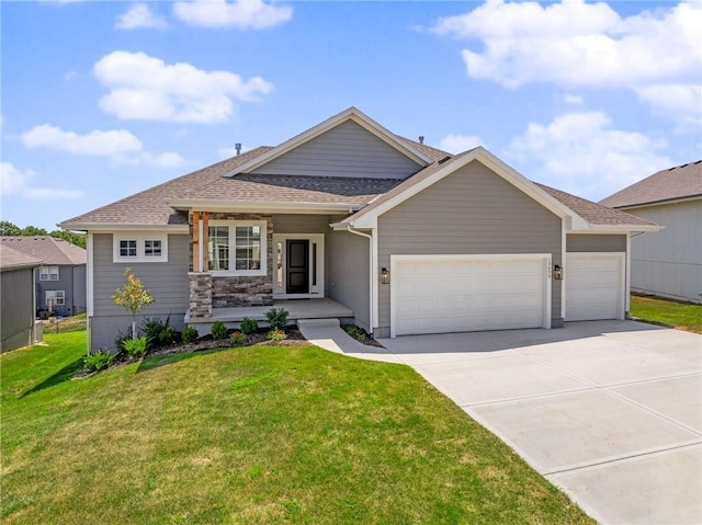 19499 W 114th Ter, Olathe, KS 66061 - ranch-style house with a garage, a shingled roof, a front yard, and concrete driveway
