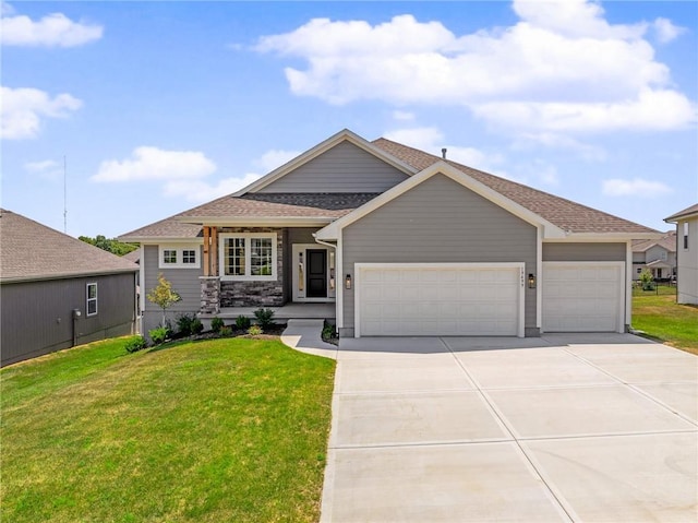 19499 W 114th Ter, Olathe, KS 66061 - ranch-style house with an attached garage, a front yard, concrete driveway, and roof with shingles