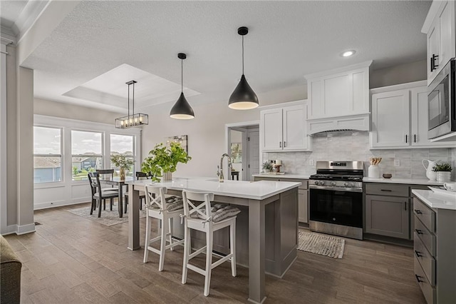 19499 W 114th Ter, Olathe, KS 66061 - kitchen featuring stainless steel appliances, recessed lighting, dark wood finished floors, decorative backsplash, and light countertops