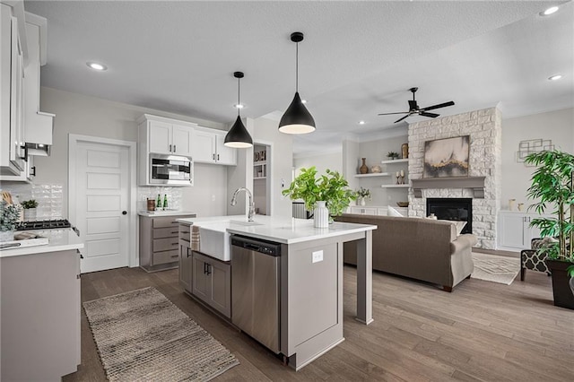 19499 W 114th Ter, Olathe, KS 66061 - kitchen featuring a ceiling fan, appliances with stainless steel finishes, tasteful backsplash, dark wood finished floors, and a stone fireplace