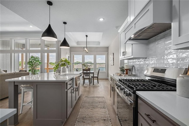19499 W 114th Ter, Olathe, KS 66061 - kitchen featuring gas range, a raised ceiling, custom range hood, light wood-style flooring, and a breakfast bar