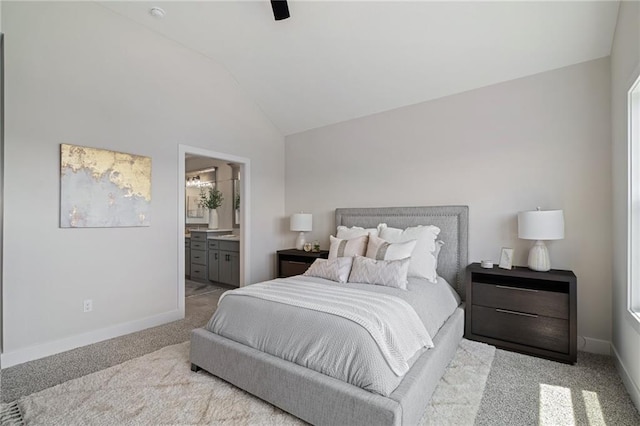 19499 W 114th Ter, Olathe, KS 66061 - bedroom with vaulted ceiling, carpet, ensuite bathroom, and a ceiling fan