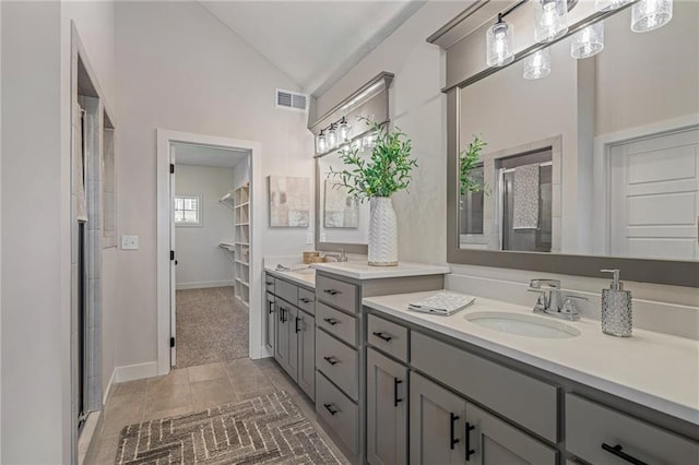 19499 W 114th Ter, Olathe, KS 66061 - bathroom featuring vanity, a stall shower, lofted ceiling, and a walk in closet