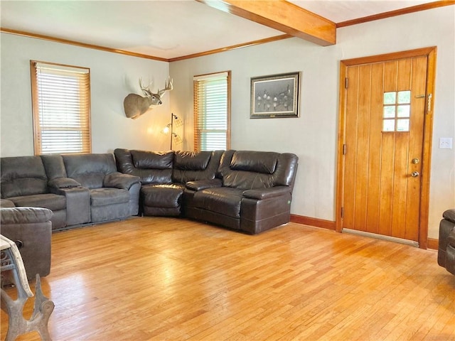 406 S 6th St, Burlington, KS 66839 - living room featuring light wood-type flooring, healthy amount of natural light, crown molding, and beamed ceiling