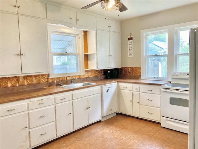 406 S 6th St, Burlington, KS 66839 - kitchen featuring white appliances, ceiling fan, backsplash, and light tile patterned floors