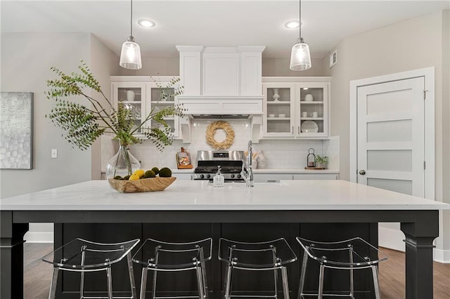 19345 W 114th Ter, Olathe, KS 66061 - kitchen featuring stainless steel stove, white cabinetry, backsplash, light countertops, and a large island with sink