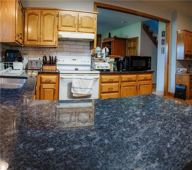 11669 S Parkwood Dr, Olathe, KS 66061 - kitchen with electric stove, black microwave, under cabinet range hood, backsplash, and dark stone counters